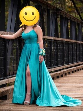 Sherri Hill Teal Satin Evening Gown 
True to size (6)  like new condition